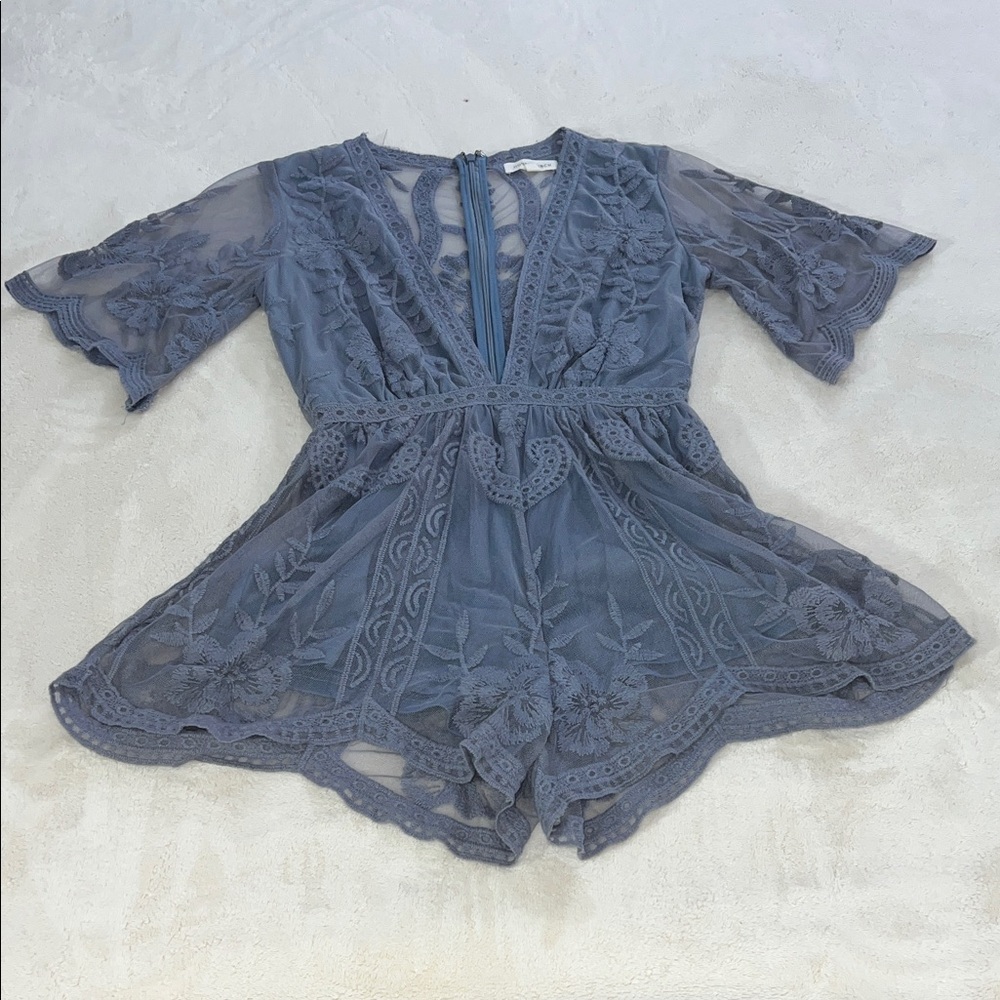 Honey Punch Sheer Lace Romper in Gray